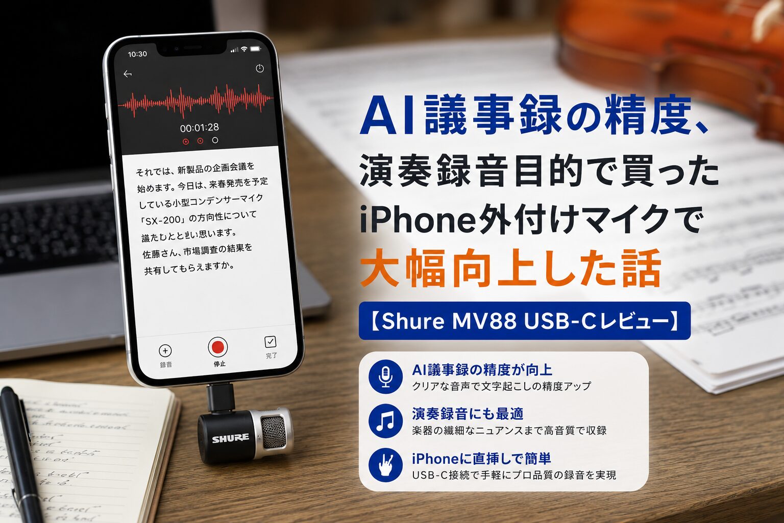 Shure MV88 USB-C iPhone外付けマイク AI議事録・演奏録音レビュー